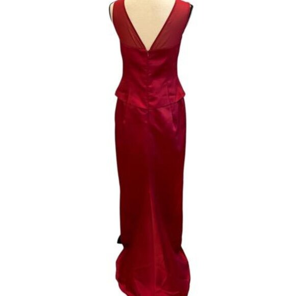Red Satin Crepe Sheer Top Peplum Gown - Picture 3 of 3